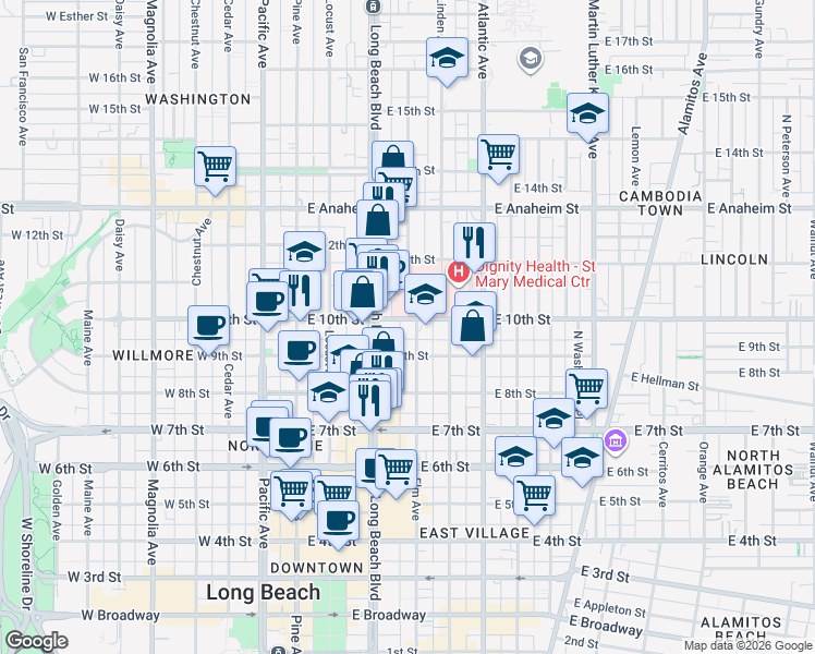 map of restaurants, bars, coffee shops, grocery stores, and more near in Long Beach