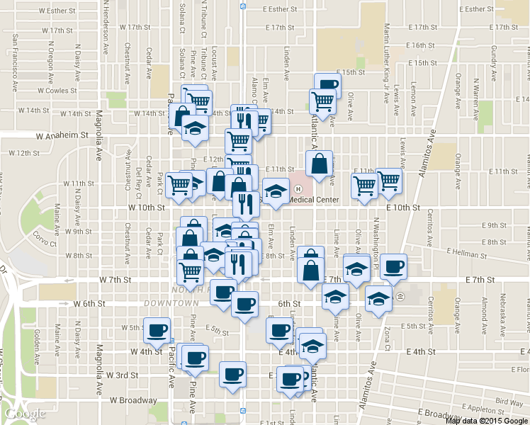 map of restaurants, bars, coffee shops, grocery stores, and more near 935 Elm Avenue in Long Beach