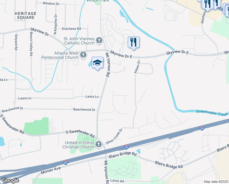 map of restaurants, bars, coffee shops, grocery stores, and more near 2777 Deerfield Terrace in Lithia Springs