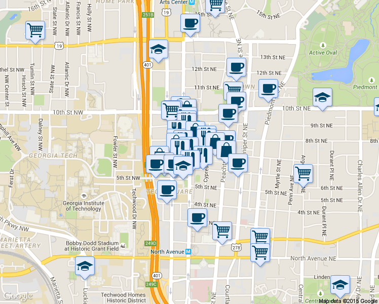 map of restaurants, bars, coffee shops, grocery stores, and more near 878 West Peachtree Street Northwest in Atlanta