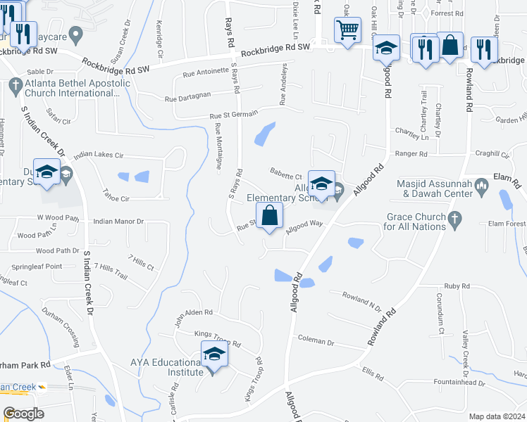 map of restaurants, bars, coffee shops, grocery stores, and more near 4246 Rue Saint Michel in Stone Mountain