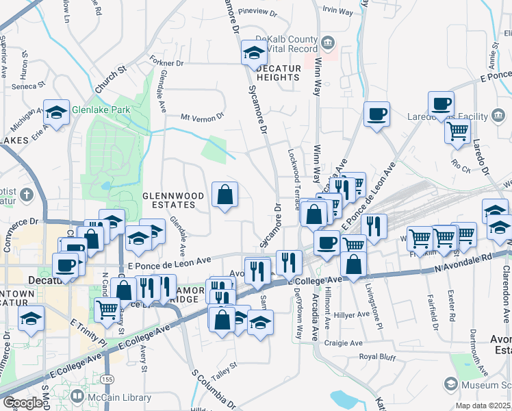 map of restaurants, bars, coffee shops, grocery stores, and more near 225 Hillcrest Avenue in Decatur