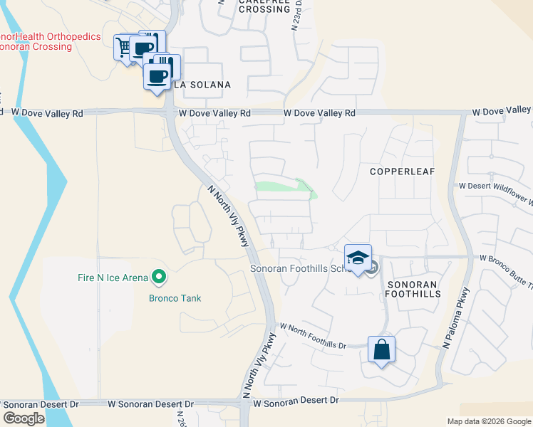 map of restaurants, bars, coffee shops, grocery stores, and more near 2415 West Dusty Wren Drive in Phoenix