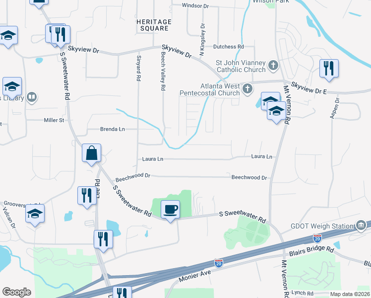 map of restaurants, bars, coffee shops, grocery stores, and more near 3170 East Anderson Drive in Lithia Springs