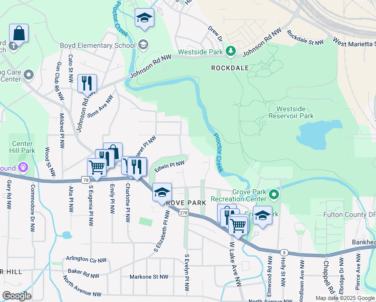 map of restaurants, bars, coffee shops, grocery stores, and more near 64 Edwin Place Northwest in Atlanta