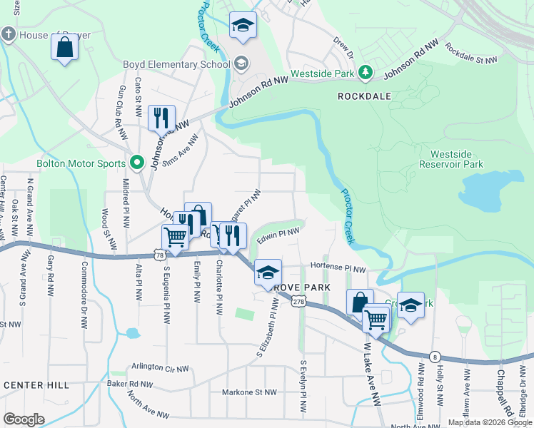 map of restaurants, bars, coffee shops, grocery stores, and more near 20 Edwin Place Northwest in Atlanta