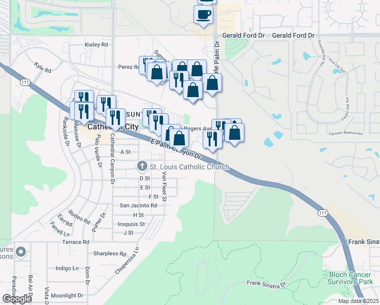 map of restaurants, bars, coffee shops, grocery stores, and more near E Palm Canyon Dr & Allen Ave in Cathedral City