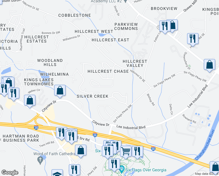 map of restaurants, bars, coffee shops, grocery stores, and more near 7029 Hillcrest Chase Lane Southeast in Austell