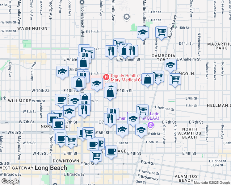 map of restaurants, bars, coffee shops, grocery stores, and more near in Long Beach