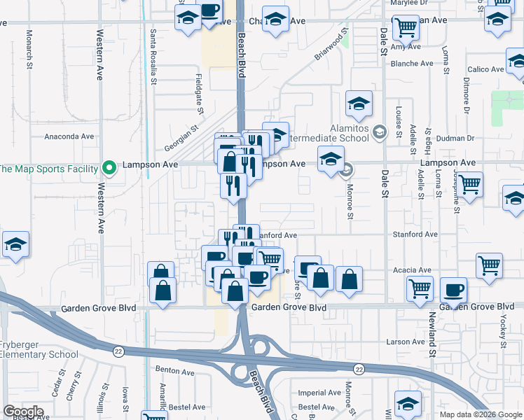 map of restaurants, bars, coffee shops, grocery stores, and more near in Garden Grove
