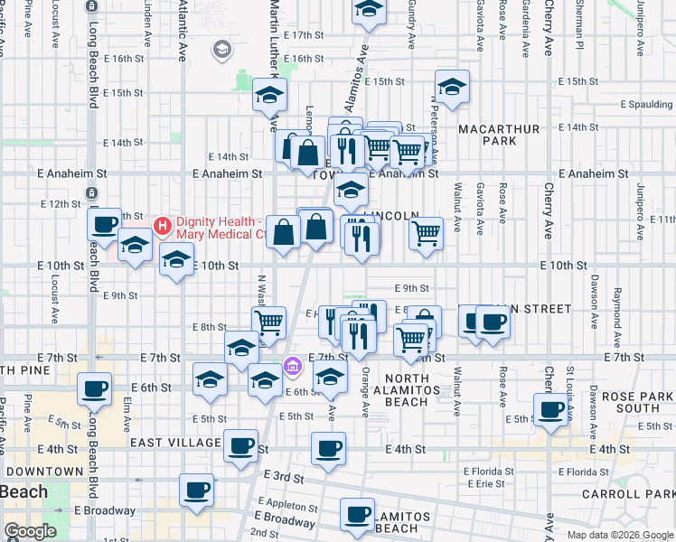 map of restaurants, bars, coffee shops, grocery stores, and more near 922 East San Pablo Court in Long Beach