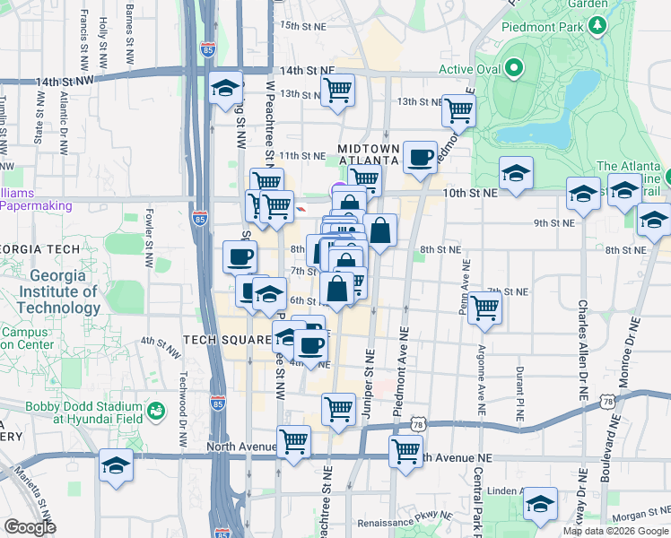 map of restaurants, bars, coffee shops, grocery stores, and more near 881 Peachtree Street Northeast in Atlanta