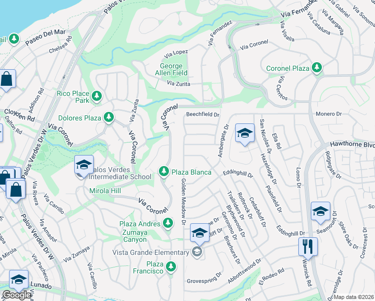 map of restaurants, bars, coffee shops, grocery stores, and more near 28116 Golden Meadow Drive in Rancho Palos Verdes