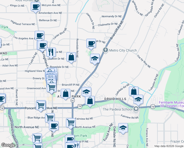 map of restaurants, bars, coffee shops, grocery stores, and more near Briarcliff Road Northeast & Virginia Avenue Northeast in Atlanta