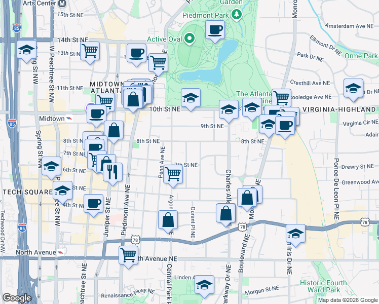 map of restaurants, bars, coffee shops, grocery stores, and more near 885 Glendale Terrace Northeast in Atlanta