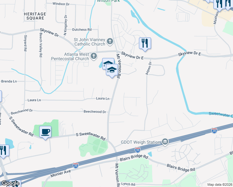 map of restaurants, bars, coffee shops, grocery stores, and more near 7243 Laura Lane in Lithia Springs