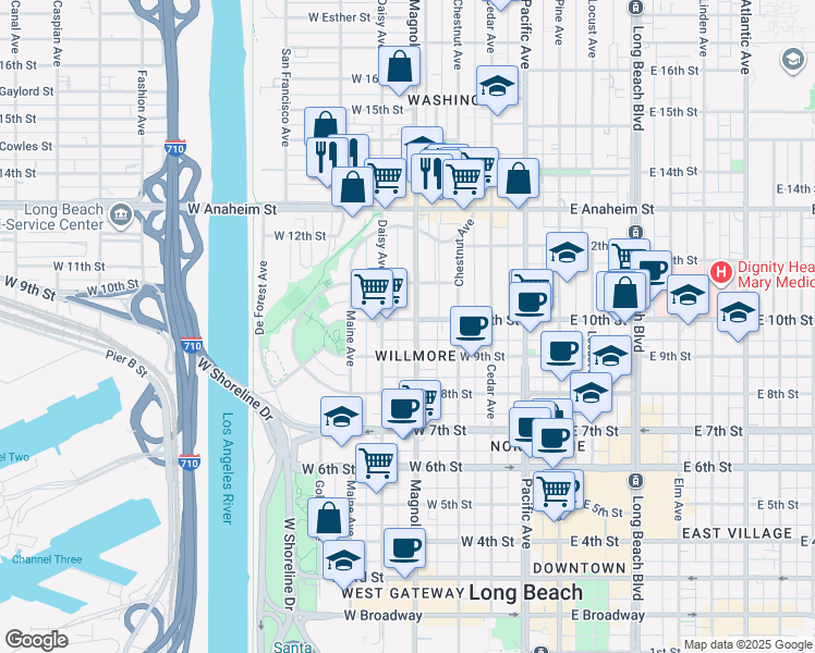 map of restaurants, bars, coffee shops, grocery stores, and more near in Long Beach