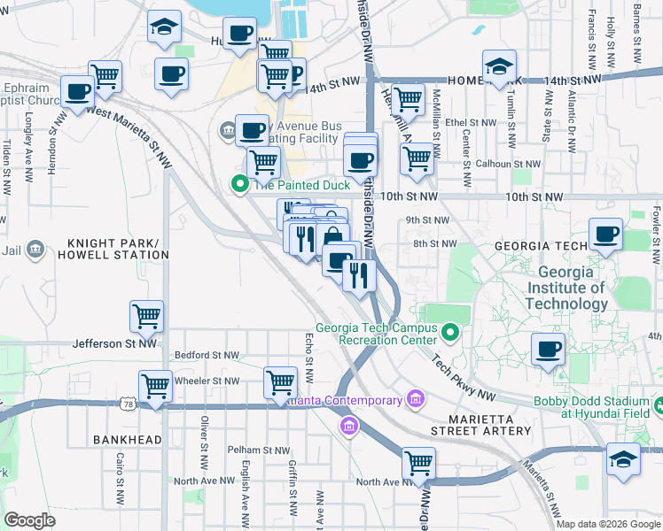 map of restaurants, bars, coffee shops, grocery stores, and more near 969 Marietta Street NorthWest in Atlanta