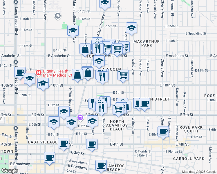map of restaurants, bars, coffee shops, grocery stores, and more near 1222 East 10th Street in Long Beach