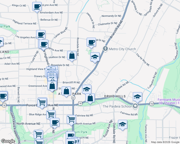 map of restaurants, bars, coffee shops, grocery stores, and more near 872 Briarcliff Road Northeast in Atlanta