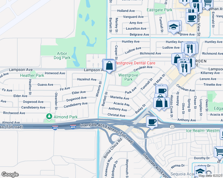 map of restaurants, bars, coffee shops, grocery stores, and more near 5262 Park Avenue in Garden Grove