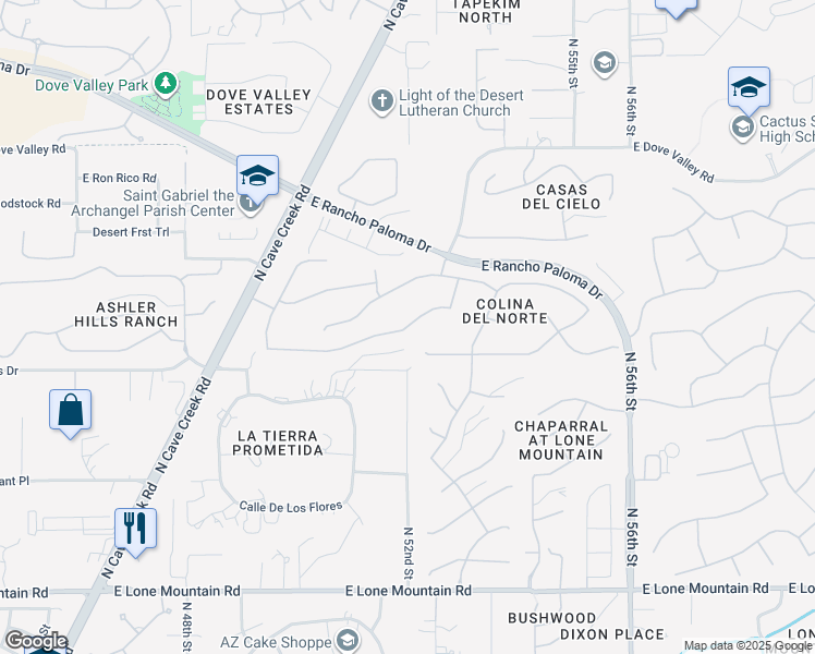 map of restaurants, bars, coffee shops, grocery stores, and more near 5138 East Sierra Sunset Trail in Cave Creek