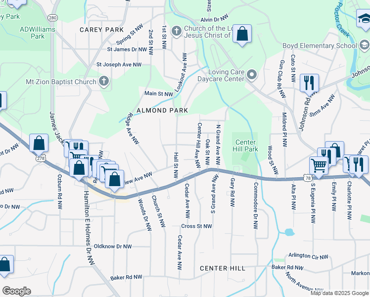 map of restaurants, bars, coffee shops, grocery stores, and more near 2386 Dupree Avenue Northwest in Atlanta