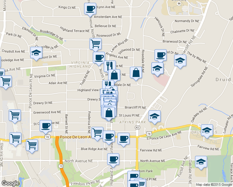 map of restaurants, bars, coffee shops, grocery stores, and more near 886 Arlington Place Northeast in Atlanta