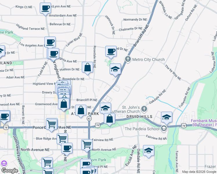 map of restaurants, bars, coffee shops, grocery stores, and more near 886 Briarcliff Road Northeast in Atlanta