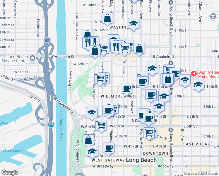 map of restaurants, bars, coffee shops, grocery stores, and more near 508 West 10th Street in Long Beach