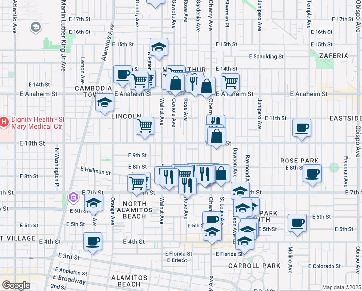 map of restaurants, bars, coffee shops, grocery stores, and more near 1724 East 10th Street in Long Beach