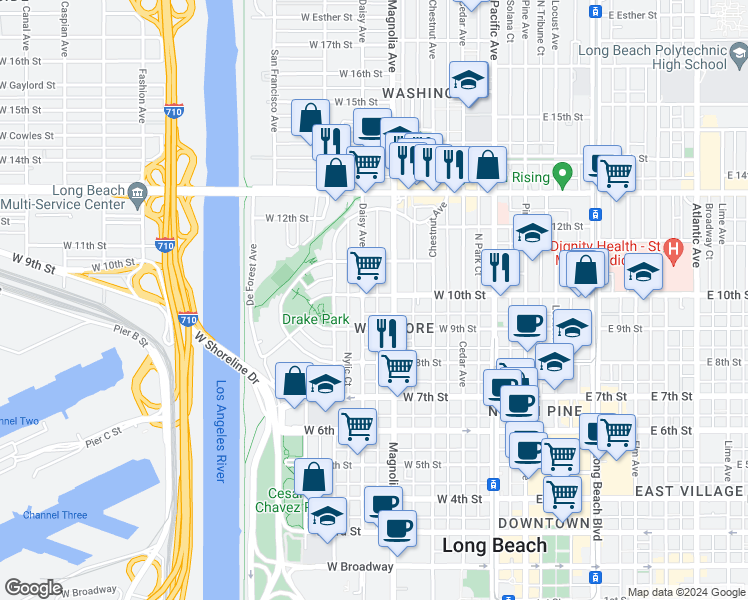 map of restaurants, bars, coffee shops, grocery stores, and more near 534 West 10th Street in Long Beach