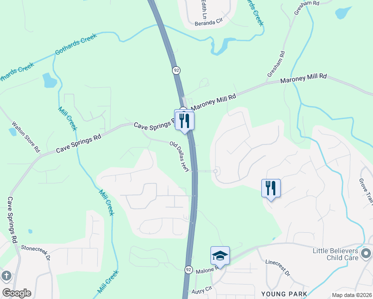 map of restaurants, bars, coffee shops, grocery stores, and more near 969 Old Dallas Highway in Douglasville