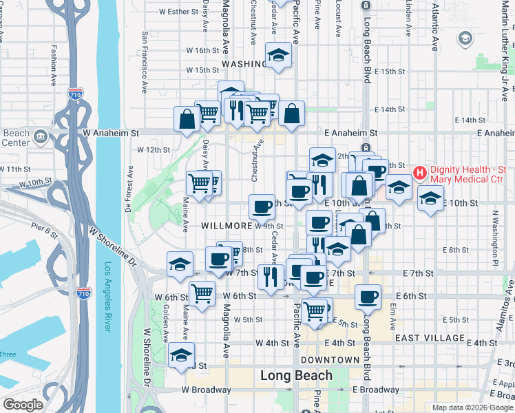 map of restaurants, bars, coffee shops, grocery stores, and more near 956 Chestnut Avenue in Long Beach