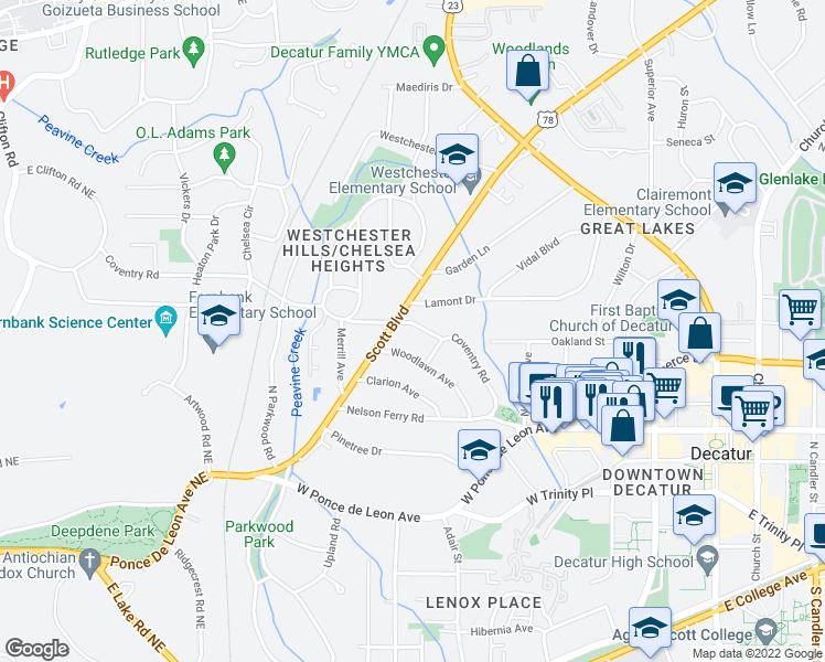 map of restaurants, bars, coffee shops, grocery stores, and more near 237 Woodlawn Avenue in Decatur