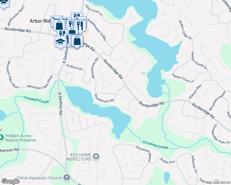 map of restaurants, bars, coffee shops, grocery stores, and more near 7165 Woodstone Drive in Lithonia