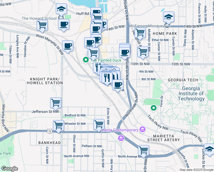 map of restaurants, bars, coffee shops, grocery stores, and more near 1000 Marietta Street NorthWest in Atlanta