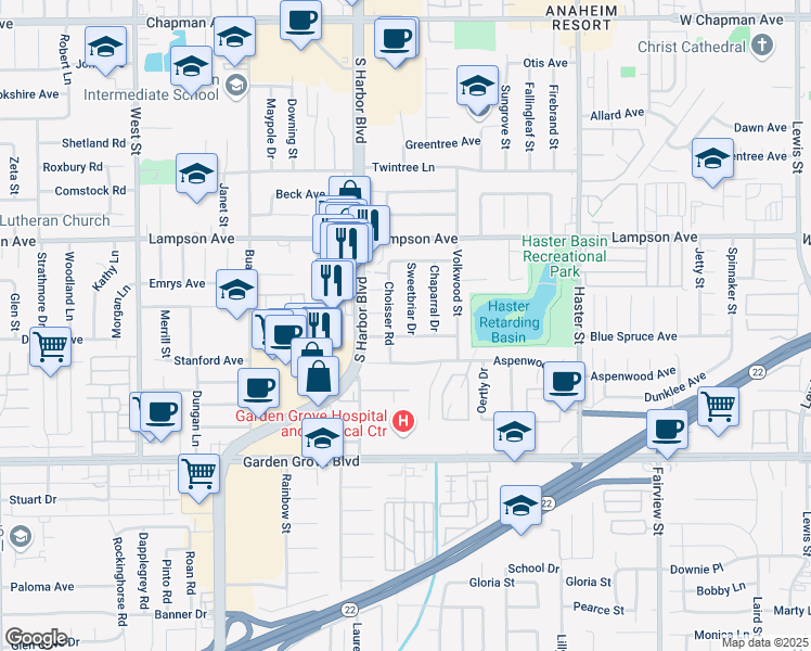 map of restaurants, bars, coffee shops, grocery stores, and more near 12742 Blue Spruce Avenue in Garden Grove