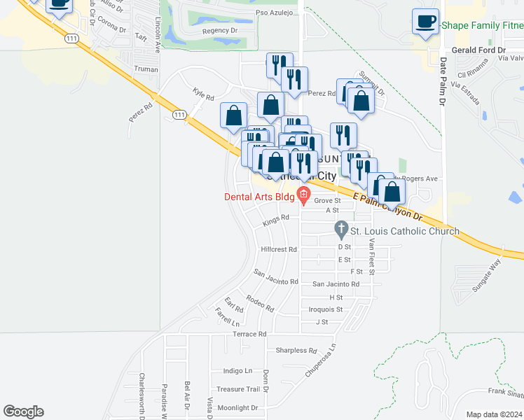 map of restaurants, bars, coffee shops, grocery stores, and more near 37188 Melrose Drive in Cathedral City