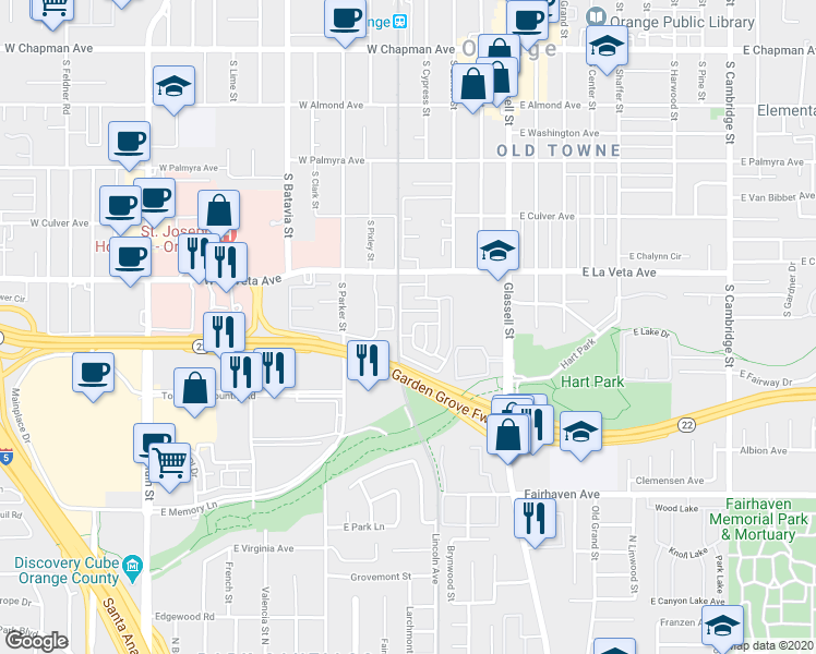 map of restaurants, bars, coffee shops, grocery stores, and more near 619 South Cypress Street in Orange