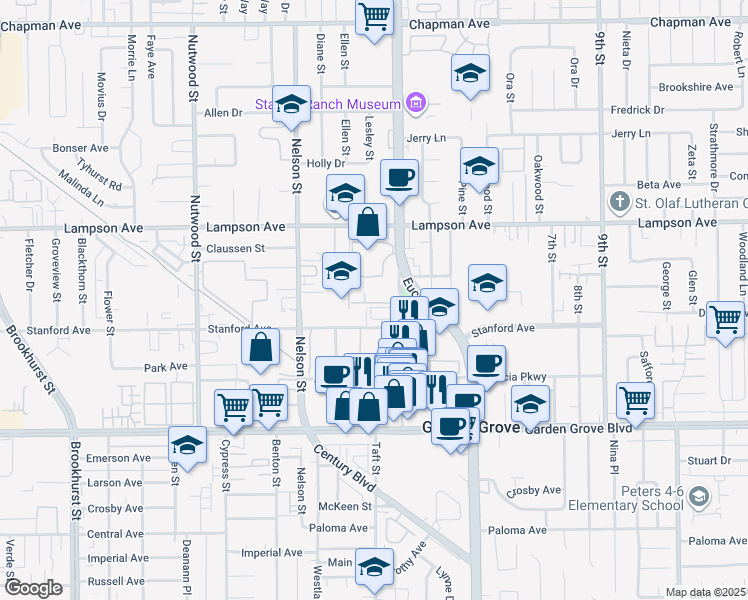 map of restaurants, bars, coffee shops, grocery stores, and more near 10940 Barcelona Court in Garden Grove