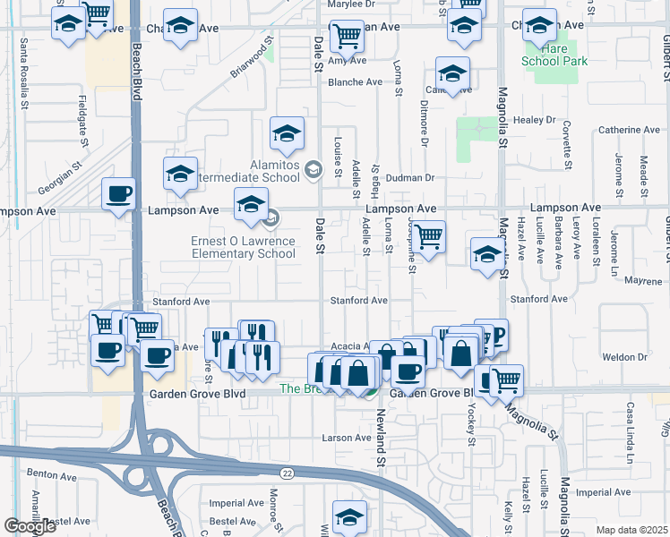 map of restaurants, bars, coffee shops, grocery stores, and more near 12676 Dale Street in Garden Grove