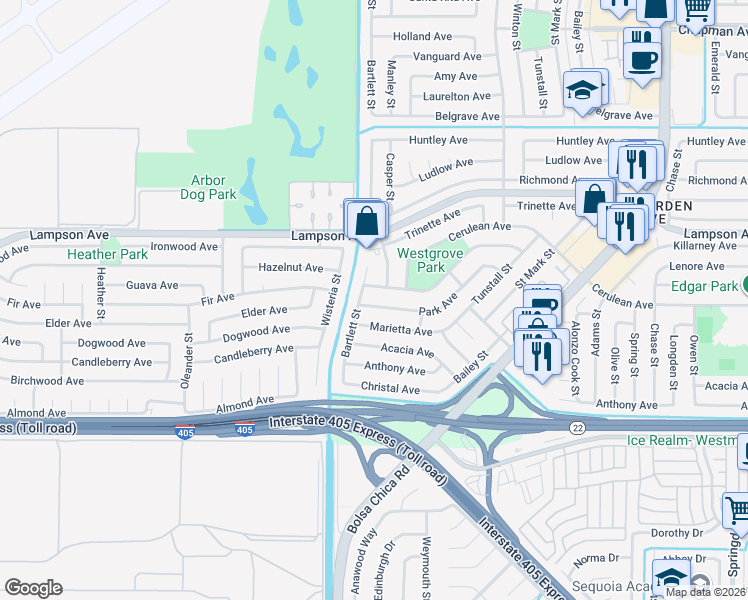 map of restaurants, bars, coffee shops, grocery stores, and more near 5262 Park Avenue in Garden Grove