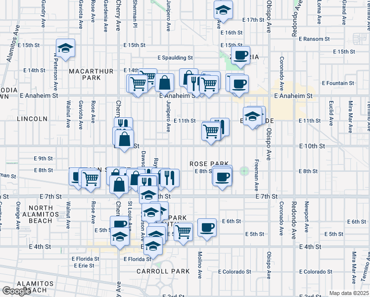 map of restaurants, bars, coffee shops, grocery stores, and more near 921 Stanley Avenue in Long Beach