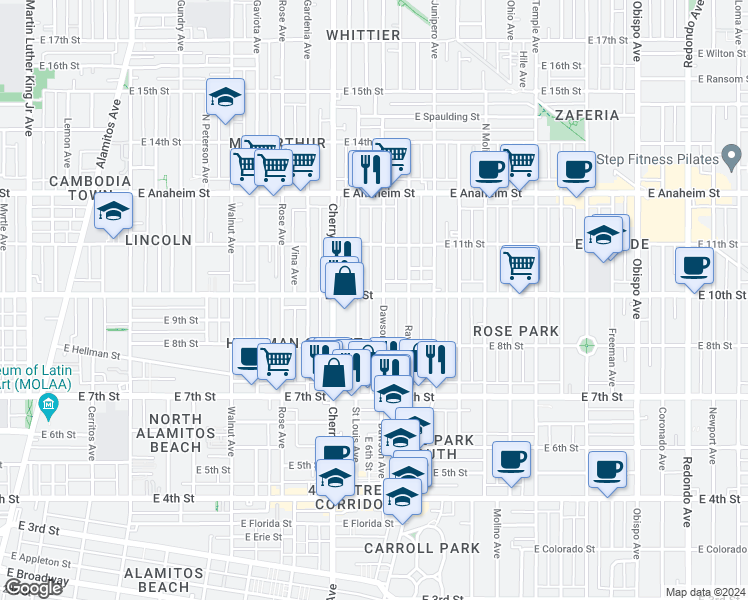 map of restaurants, bars, coffee shops, grocery stores, and more near 909 Dawson Avenue in Long Beach