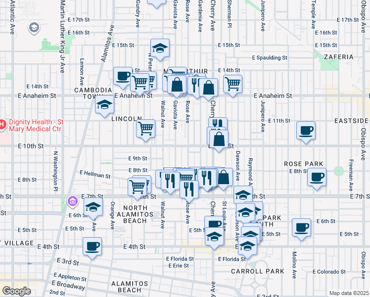 map of restaurants, bars, coffee shops, grocery stores, and more near 925 Rose Avenue in Long Beach
