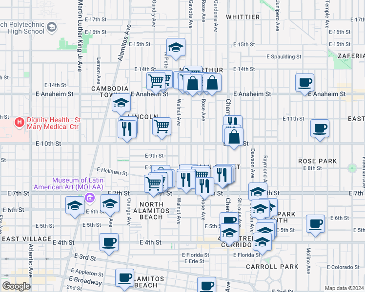 map of restaurants, bars, coffee shops, grocery stores, and more near in Long Beach