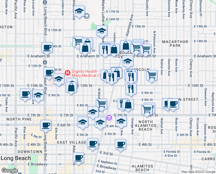 map of restaurants, bars, coffee shops, grocery stores, and more near in Long Beach