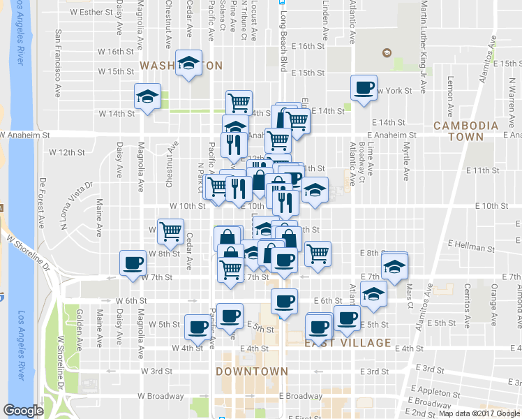 map of restaurants, bars, coffee shops, grocery stores, and more near 945 Locust Avenue in Long Beach
