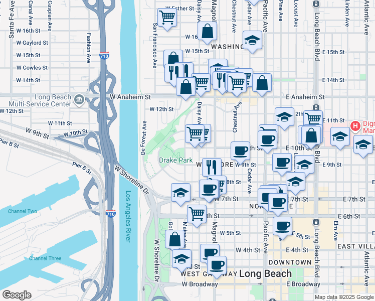 map of restaurants, bars, coffee shops, grocery stores, and more near 5 Nylic Court in Long Beach